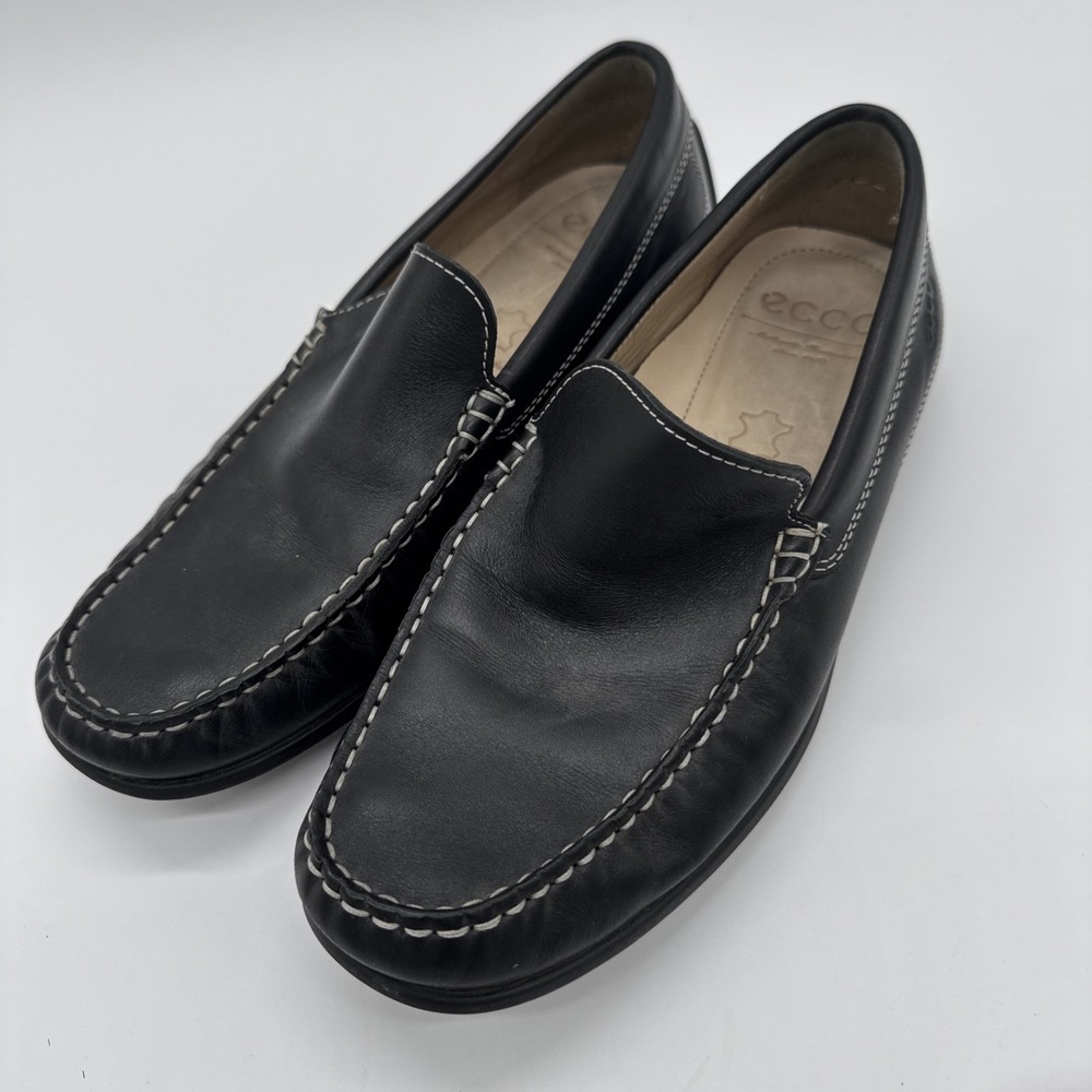 Men's Size 8 - 8 1/2 Ecco Black Real Leather Casual‎ Loafers Shoes - Euro Sz 41